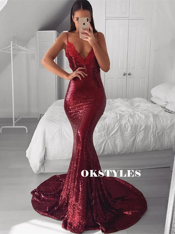 Mermaid Straps Lace Deep V-neck Backless Burgundy Sequins Prom Dresses, PD0631