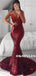 Mermaid Straps Lace Deep V-neck Backless Burgundy Sequins Prom Dresses, PD0631