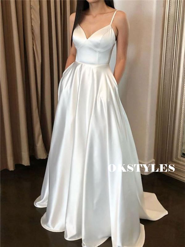 A-line V-neck Simple Long Satin Prom Dresses With Pockets, PD0633