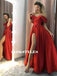 A-line Off-shoulder Long Red Satin Prom Dresses With Split, PD0634