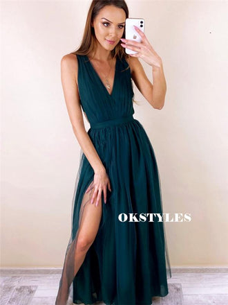 A-line V-neck Sleeveless Sexy Long Tulle Prom Dresses With Split, PD0635