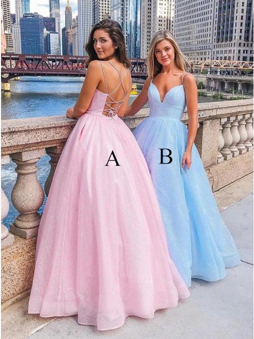 A-line V-neck Spaghetti Straps Lace-up Back Long Organza Prom Dresses, PD0637