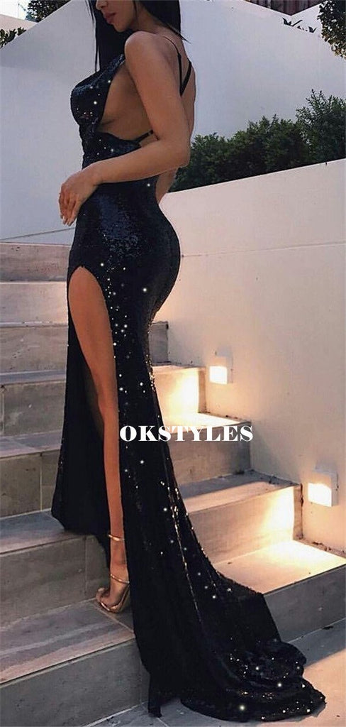 Sheath Straps Backless Long Sequins Prom Dresses With Split, PD0640