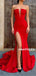 Mermaid Strapless Deep V-neck Long Red Prom Dresses With Split, PD0641