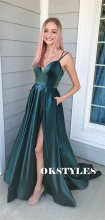 A-line Spaghetti Straps V-neck Sexy High Split Prom Dresses With Pockets, PD0646