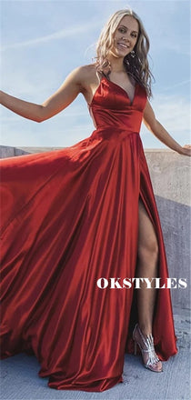 A-Line V-Neck Lace-up Back Red Satin Prom Dresses With Split, PD0649
