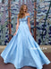 A-line Off-shoulder Flower Appliques Long Blue Prom Dresses, PD0652
