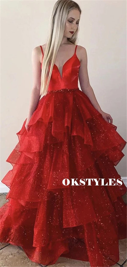 A-line Shiny V-neck Straps Red Organza Long Prom Dresses, PD0654