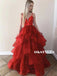 A-line Shiny V-neck Straps Red Organza Long Prom Dresses, PD0654