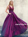 A-line Deep V-neck Lace Backless Long Prom Dresses With Pockets, PD0655