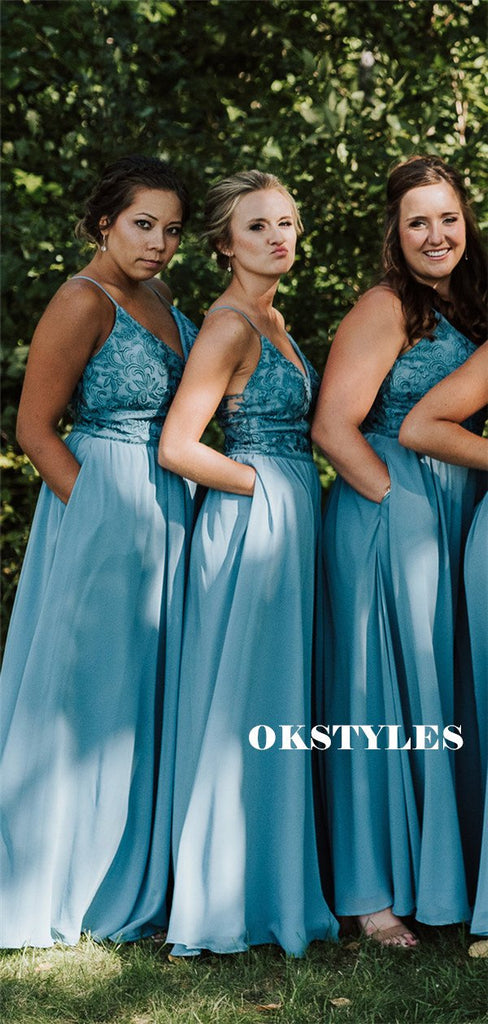 A-line Floor-length Straps V-neck Appliques Top Bridesmaid Dresses, BD0625
