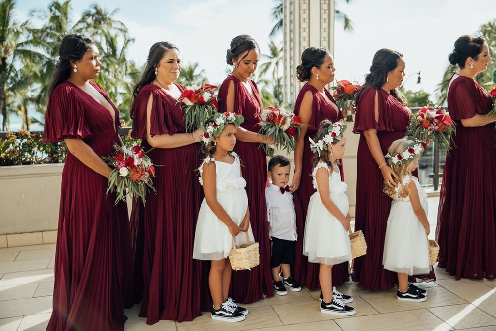 A-line V-neck Short Sleeves Split Long Bridesmaid Dresses With Pleats, BD0630