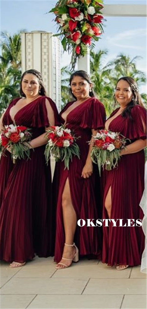 A-line V-neck Short Sleeves Split Long Bridesmaid Dresses With Pleats, BD0630