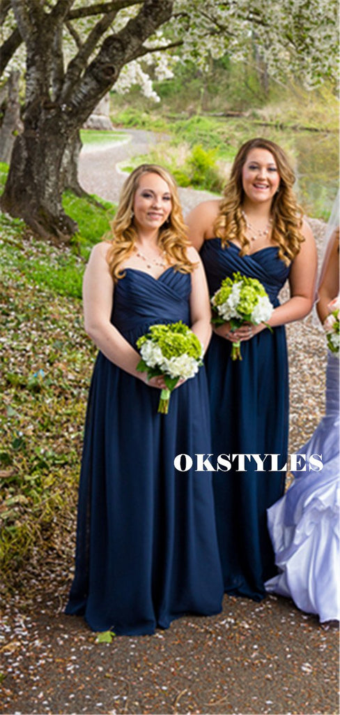 A-line Sweetheart Strapless Long Chiffon Bridesmaid Dresses With Pleats, BD0635