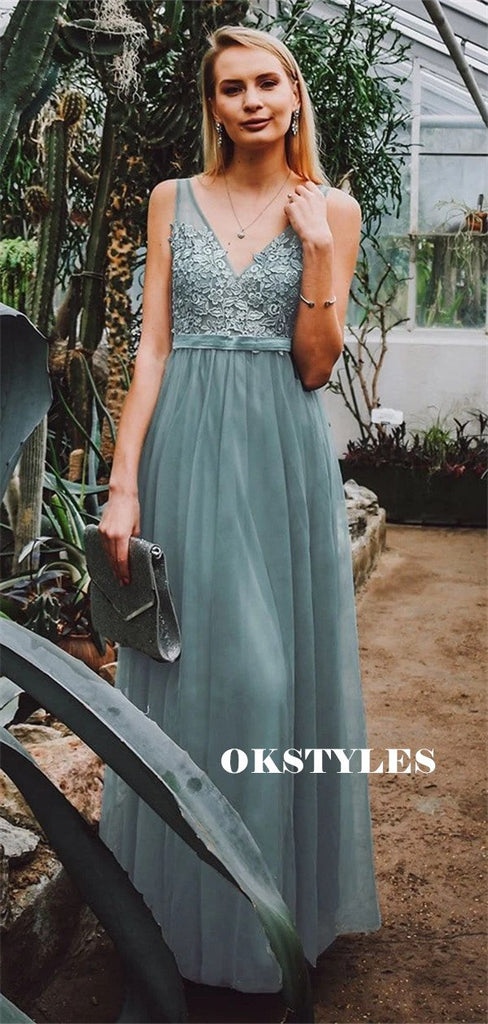 A-line V-neck Appliques Backless Long Chiffon Bridesmaid Dresses, BD0636