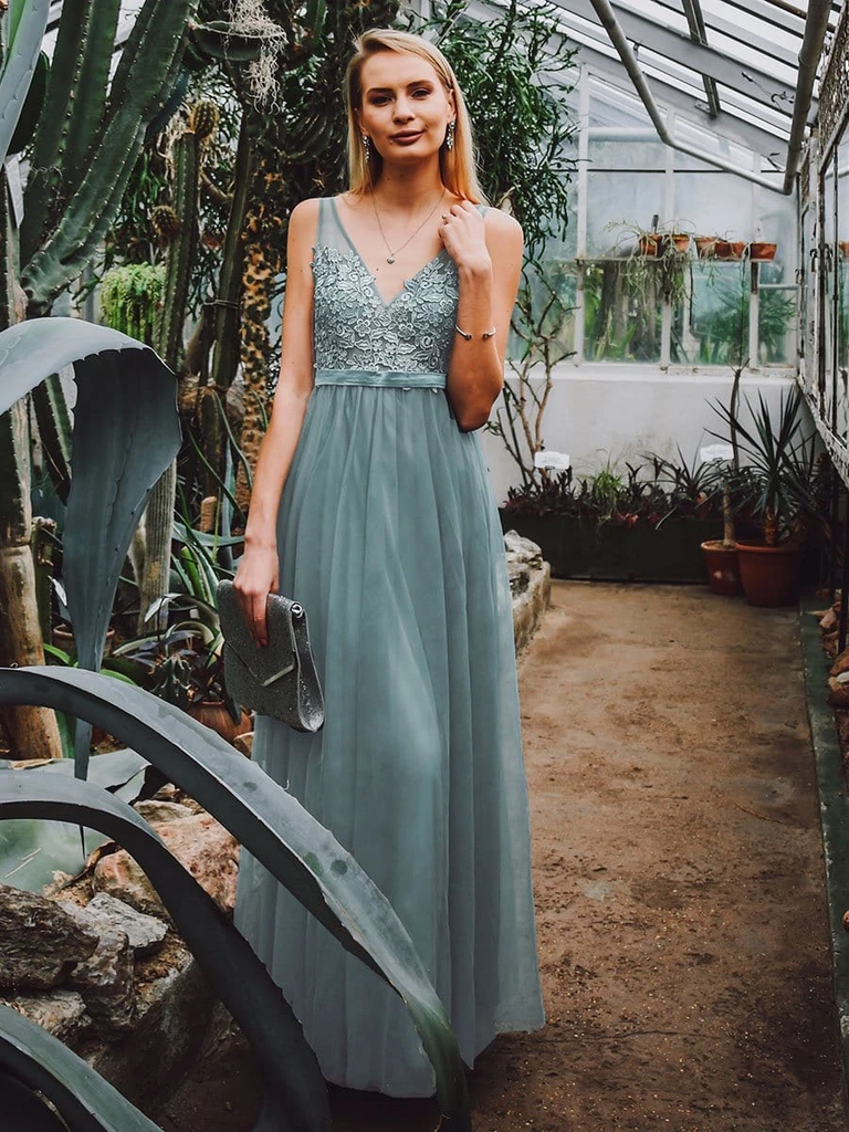 A-line V-neck Appliques Backless Long Chiffon Bridesmaid Dresses, BD0636
