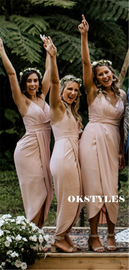 Sheath Spaghetti Straps V-neck Short Bridesmaid Dresses With Pleats, BD0639