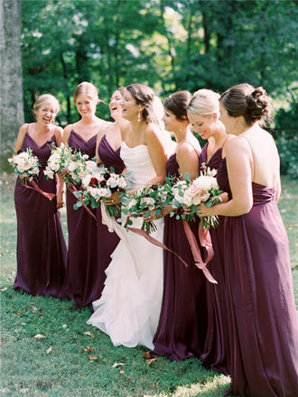 A-line Spaghetti Straps V-neck Long Chiffon Bridesmaid Dresses, BD0647