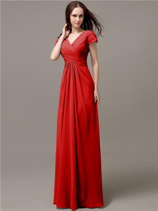 A-line V-neck Short Sleeves Pleats Bridesmaid Dresses