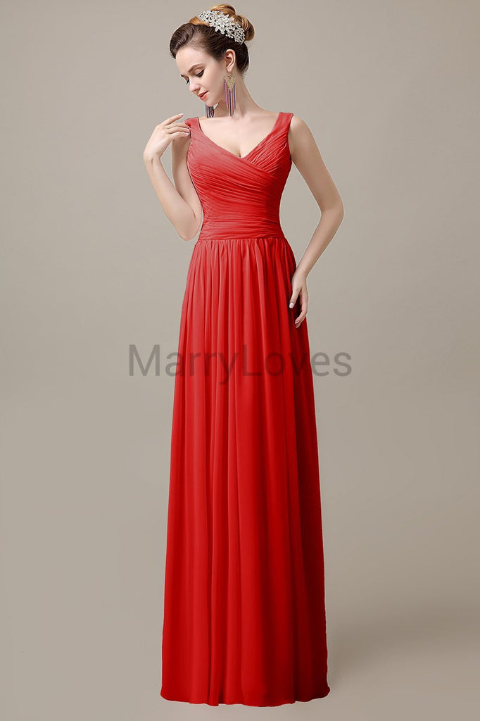 V-Neck Straps Pleats Bridesmaid Dresses