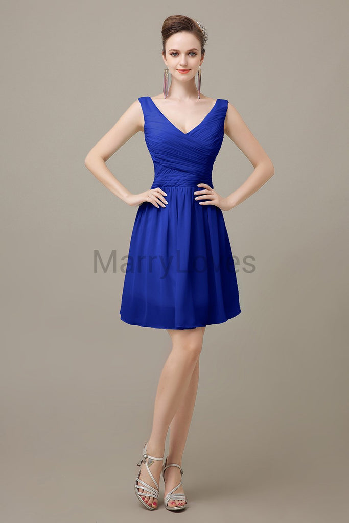 V-neck Chiffon Short Pleats Bridesmaid Dresses