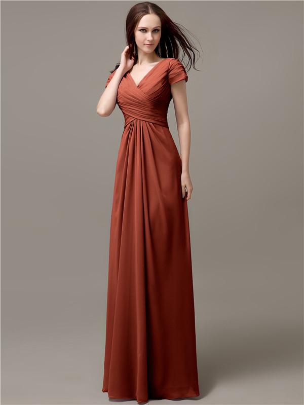 A-line V-neck Short Sleeves Pleats Bridesmaid Dresses