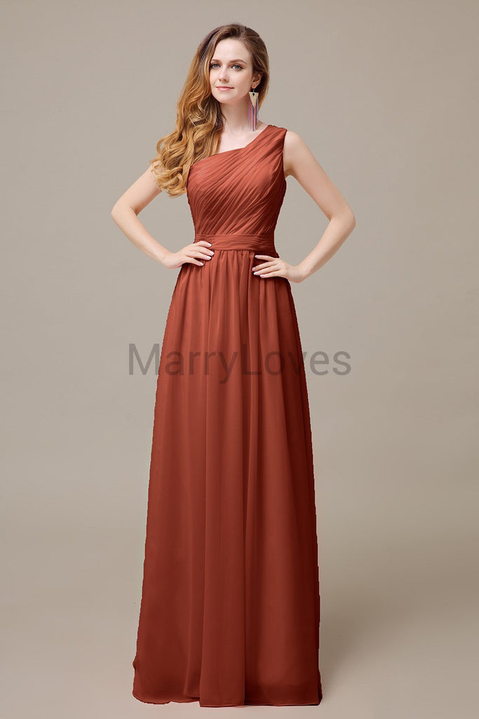 One Shoulder Pleats Floor Length Bridesmaid Dresses