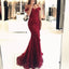 Mermaid Off-Shoulder Burgundy Appliques Beading Tulle Long Prom Dress, PD0122