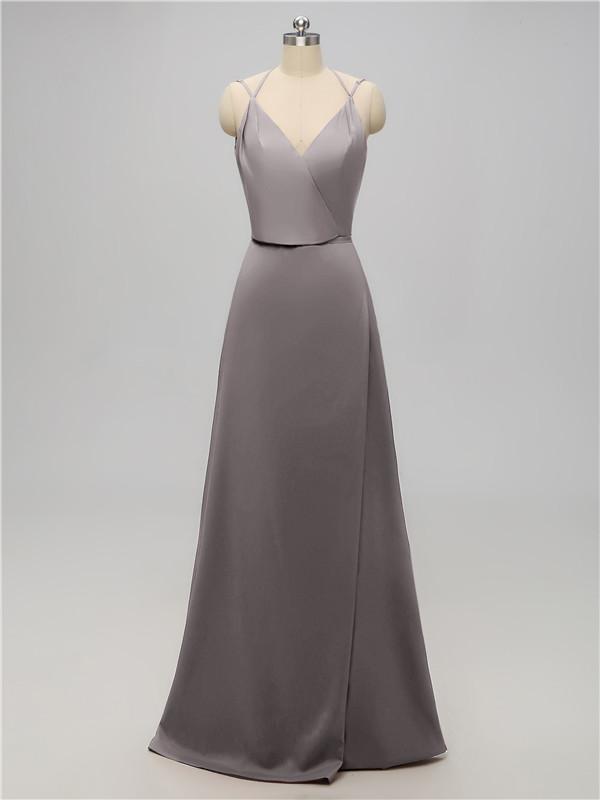 V Neck Satin Floor Length Bridesmaid Dresses