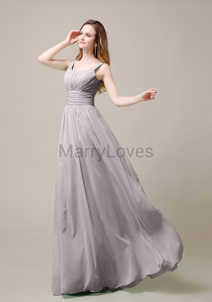 Square Neck Pleats Floor Length Bridesmaid Dresses