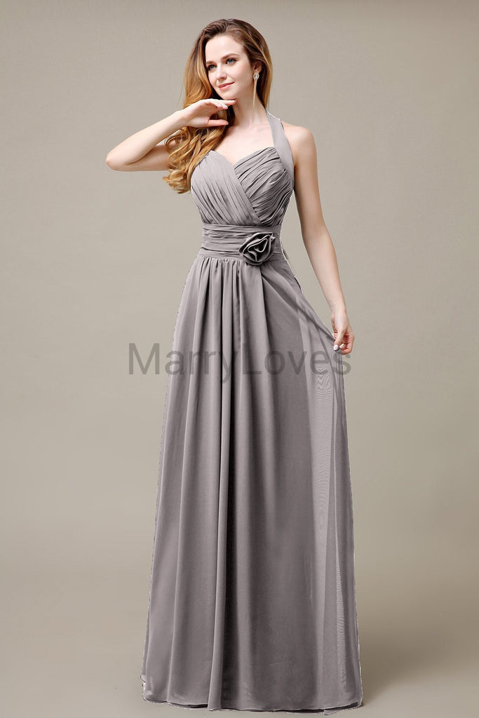 Halter A-line Pleats Chiffon Bridemaid Dresses