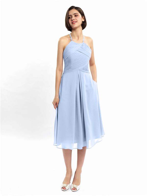 Halter Sleeveless Pleats Bridesmaid Dresses