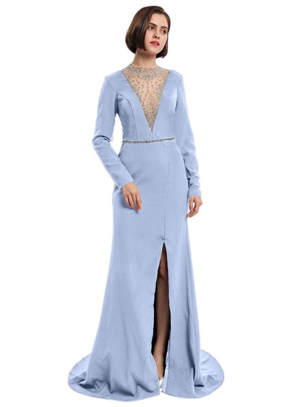 Sheath High-neck Long Sleeves Split Prom Dresses