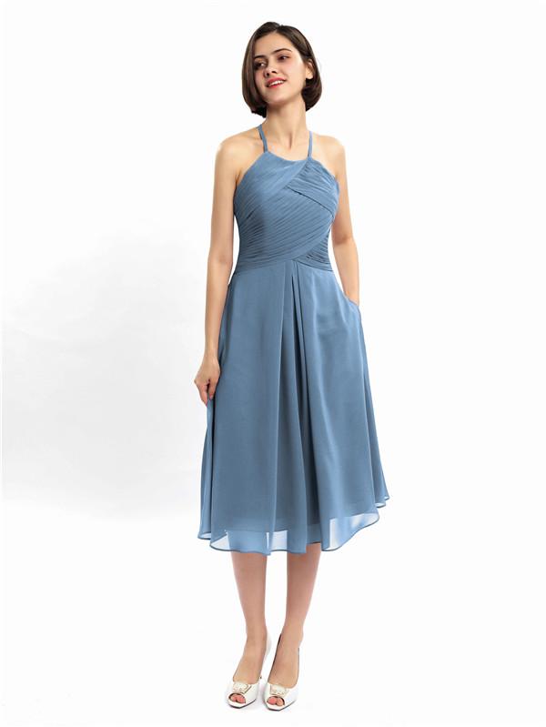 Halter Sleeveless Pleats Bridesmaid Dresses