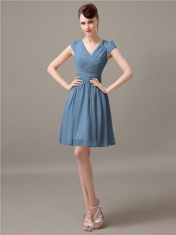 V-Neck Cap Sleeves Chiffon Bridesmaid Dresses