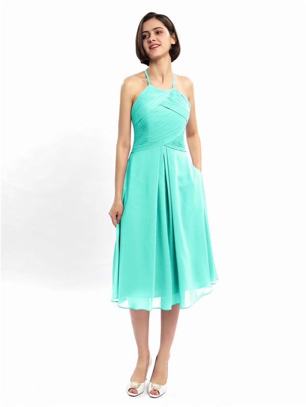 Halter Sleeveless Pleats Bridesmaid Dresses