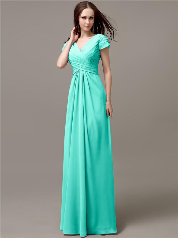 A-line V-neck Short Sleeves Pleats Bridesmaid Dresses