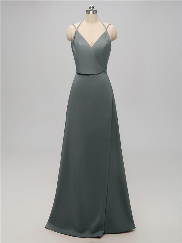 V Neck Satin Floor Length Bridesmaid Dresses