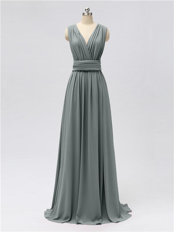 V Neck Chiffon Floor Length Bridesmaid Dresses