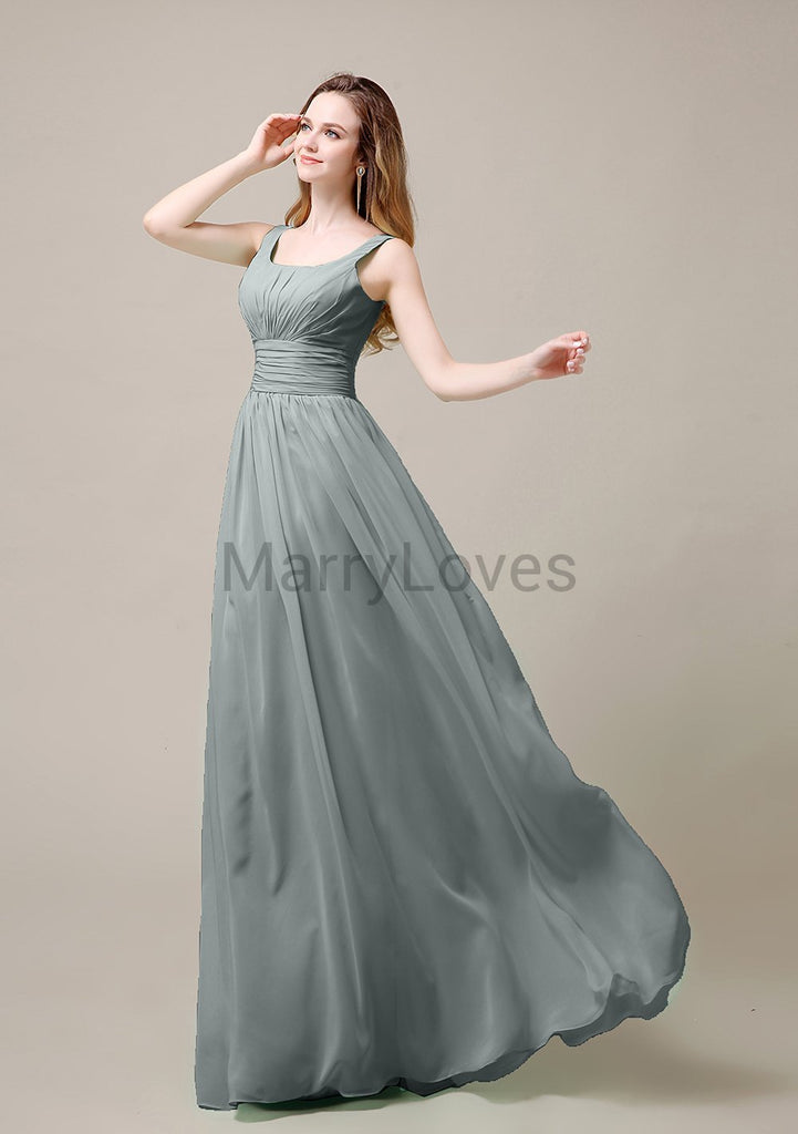 Square Neck Pleats Floor Length Bridesmaid Dresses