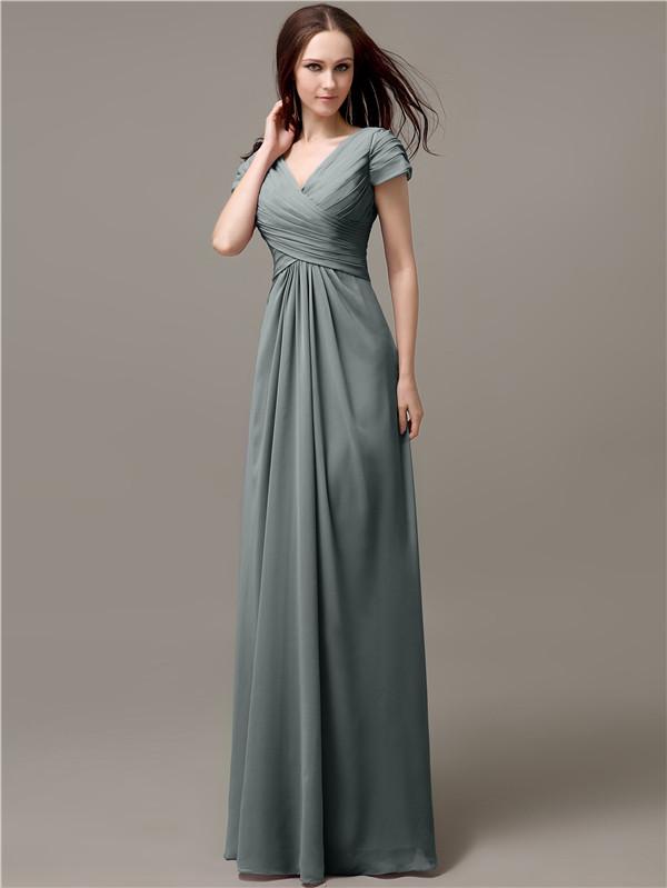 A-line V-neck Short Sleeves Pleats Bridesmaid Dresses