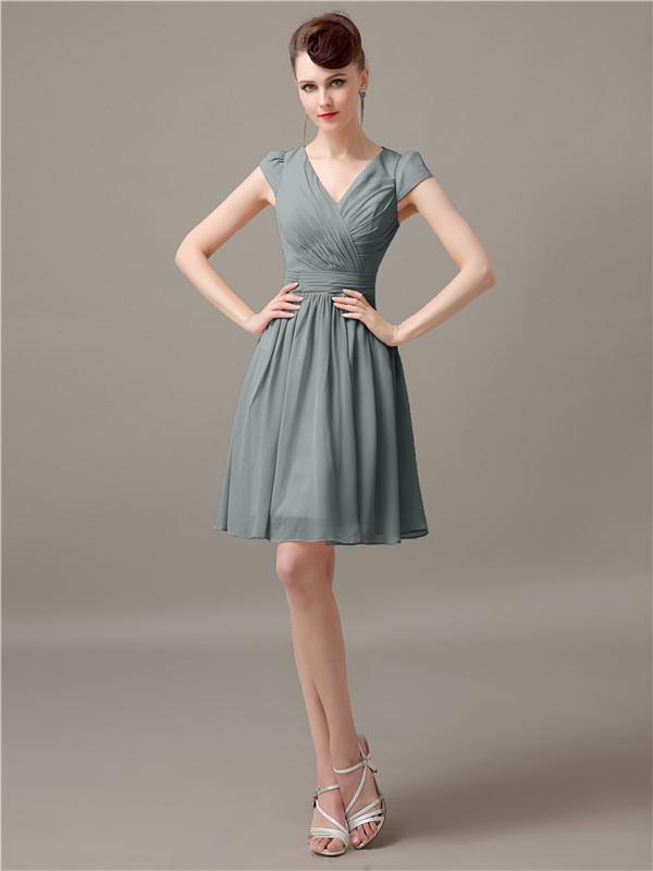 V-Neck Cap Sleeves Chiffon Bridesmaid Dresses