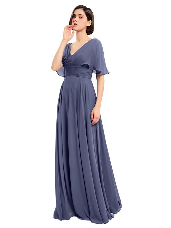 V-neck Short Sleeves Chiffon Bridesmaid Dresses