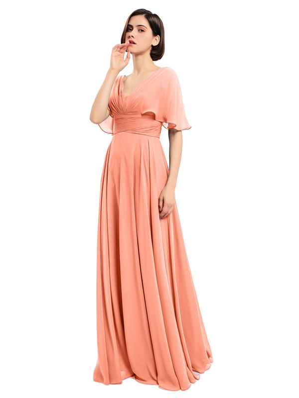 V-neck Short Sleeves Chiffon Bridesmaid Dresses