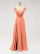 V Neck Cap Sleeve Side Slit Floor Length Bridesmaid Dresses