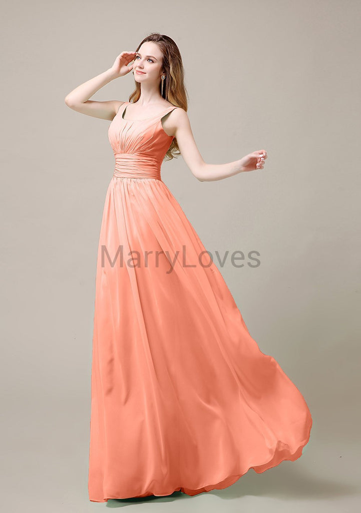 Square Neck Pleats Floor Length Bridesmaid Dresses