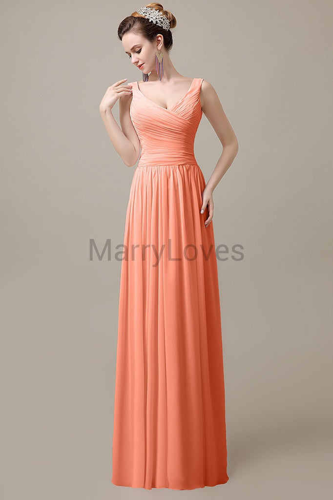 V-Neck Straps Pleats Bridesmaid Dresses