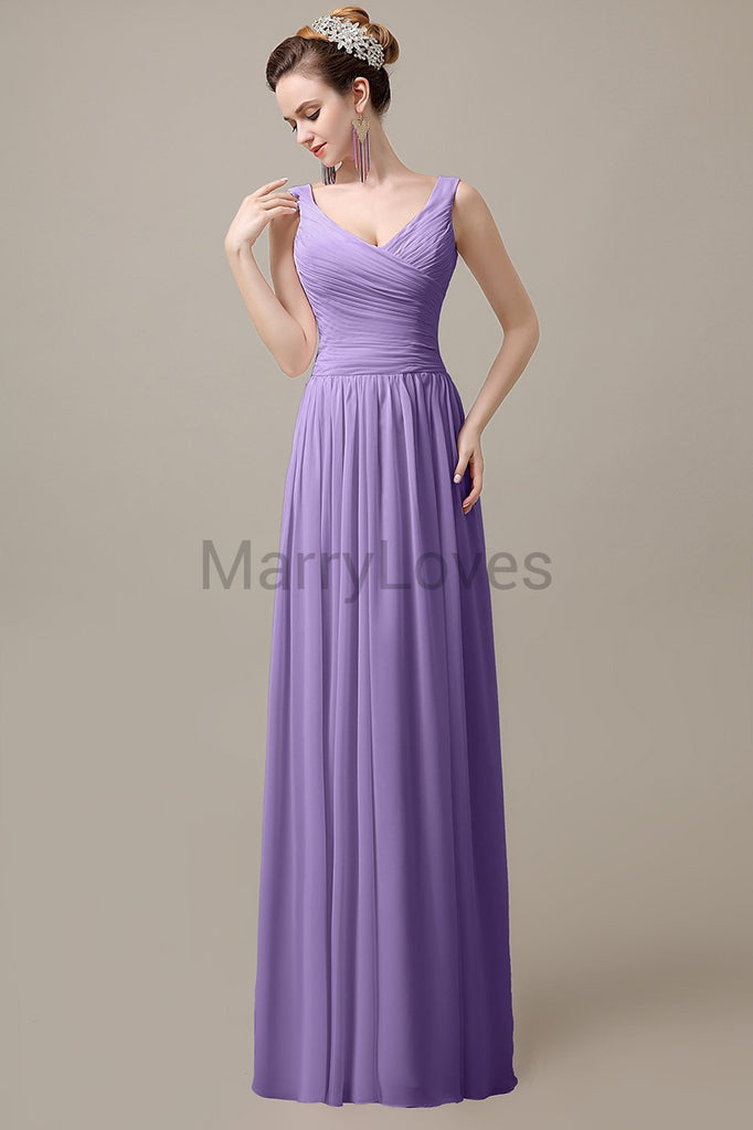 V-Neck Straps Pleats Bridesmaid Dresses