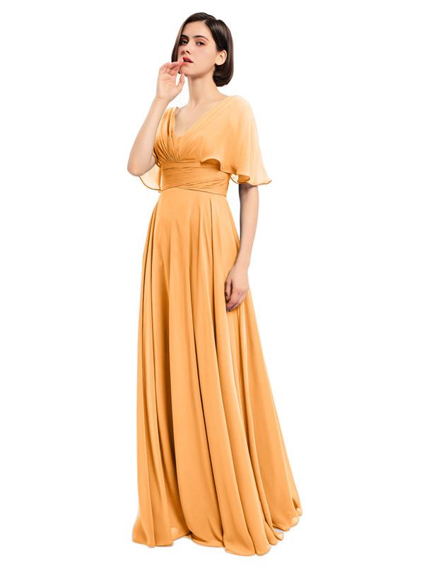 V-neck Short Sleeves Chiffon Bridesmaid Dresses