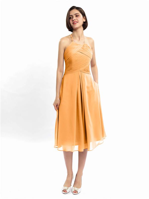 Halter Sleeveless Pleats Bridesmaid Dresses